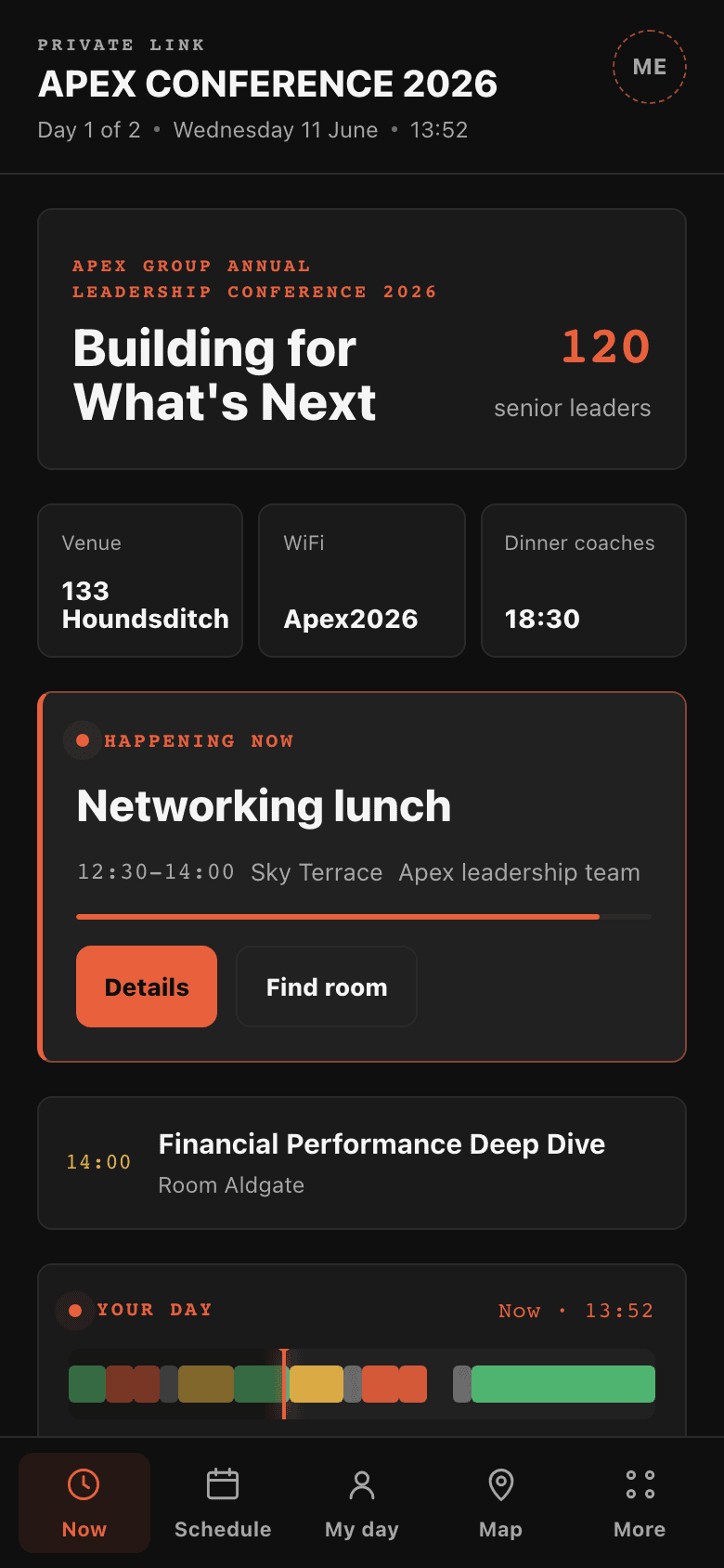 Screenshot of the Apex Conference guide running in a mobile browser