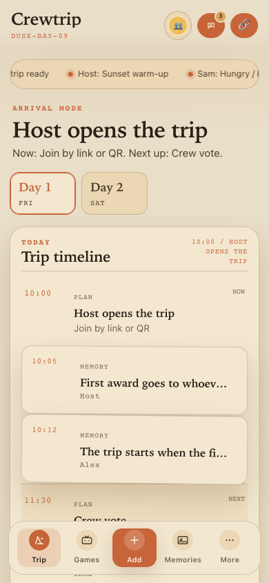 Screenshot of the Crewtrip group trip app running in a mobile browser