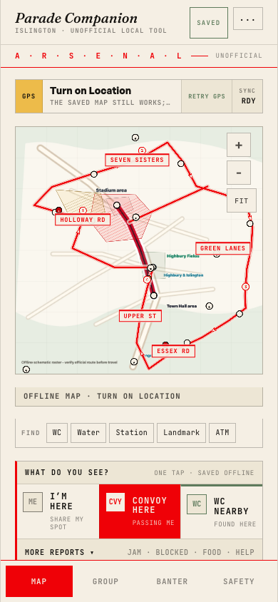 Screenshot of the Parade Companion app showing an offline route map running in a mobile browser