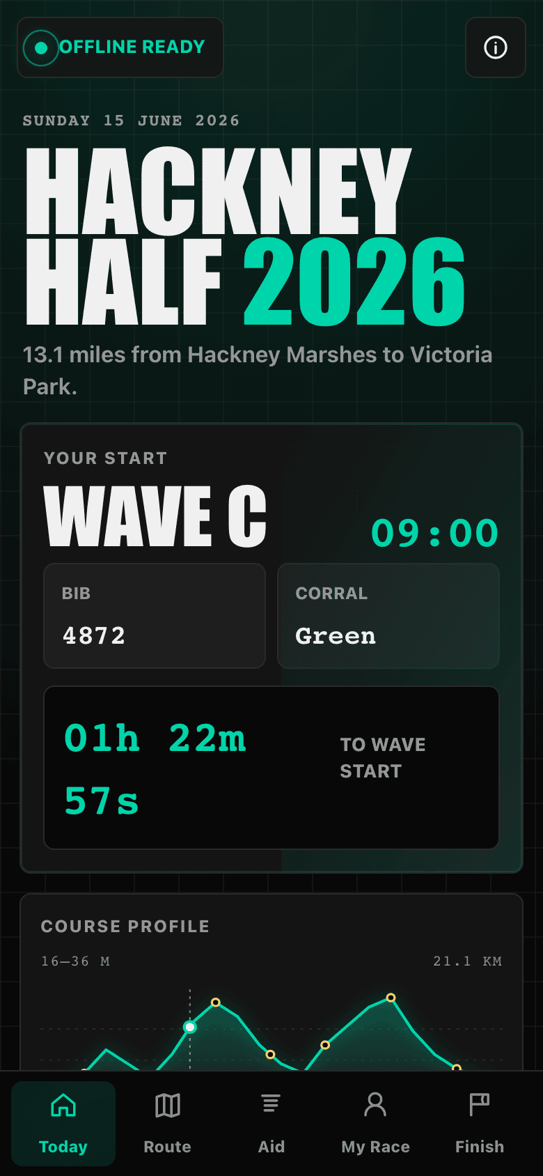 Screenshot of the Hackney Half race guide running in a mobile browser