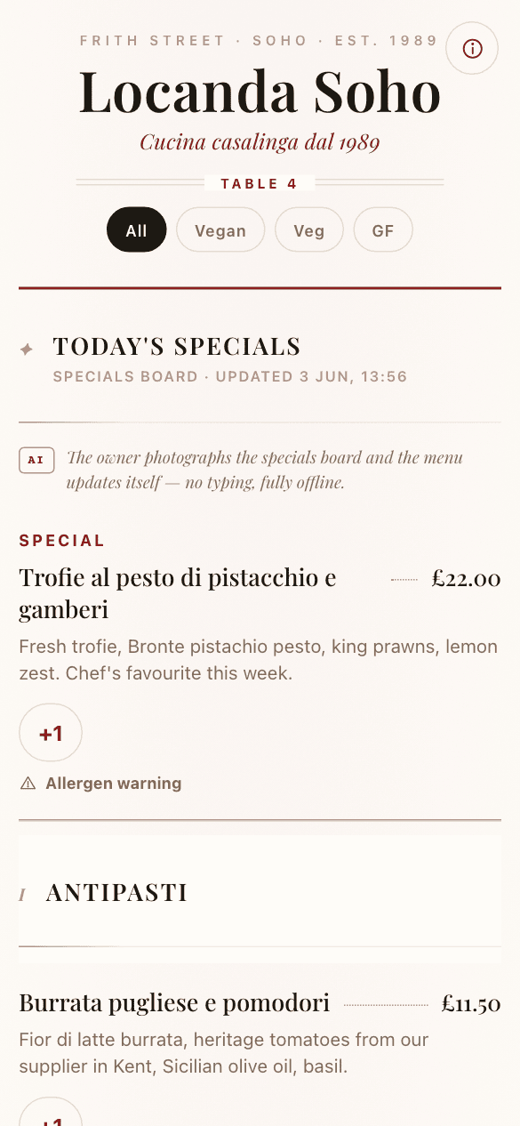 Screenshot of the Locanda Soho menu app running in a mobile browser